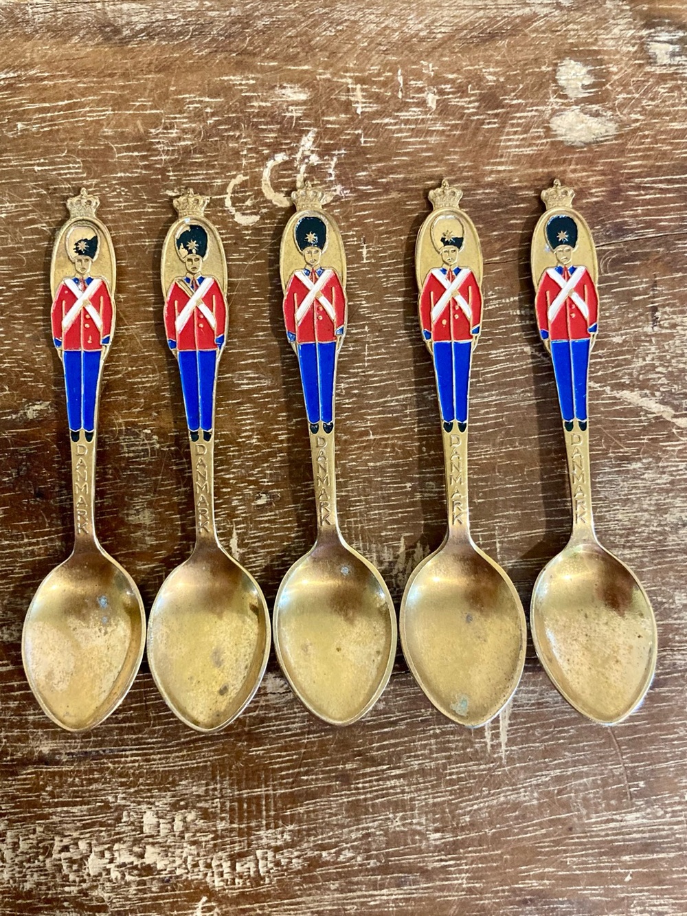 5 Vintage Gold Plated Souvenir Demitasse Spoons Denmark Soldiers